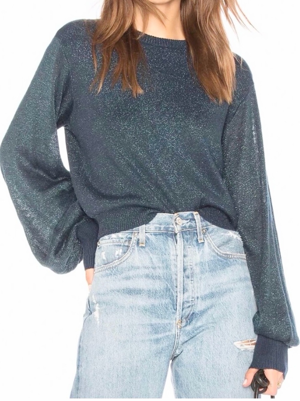 FREE PEOPLE Let It Shine Teal Balloon Sleeve Sweater NWT 🌷Shimmery, Beautiful